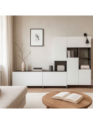 Vista ambientata Parete attrezzata moderna in legno colore "Bianco Laccato/Grigio Cemento" modello Sfera Totò Piccinni