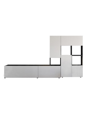 Vista frontale Pareta attrezzata moderna in legno colore "Bianco Laccato/Grigio Cemento" modello Sfera Totò Piccinni