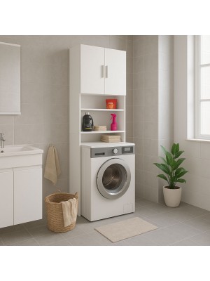 Vista ambientata Mobile lavatrice in legno colore Bianco 2 ripiani e 2 ante modello Bristol Totò Piccinni