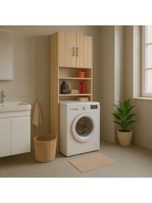 Vista ambientata Mobile lavatrice in legno colore Rovere Sonoma 2 ripiani e 2 ante modello Bristol Totò Piccinni