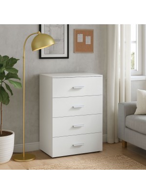 Vista ambientata Cassettiera moderna in legno colore Bianco con 4 cassetti modello London Totò Piccinni