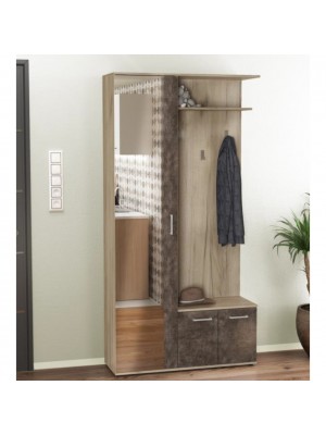 Mobile Ingresso Appendiabiti | 1 Anta a Specchio + 2 Ante + 2 Ganci | Rovere Grigio/Cemento