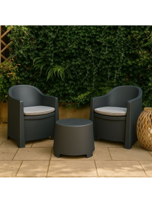 Vista ambientata Set da giardino colore Antracite in Polipropilene 2 poltrone e tavolino modello Luna Totò Piccinni