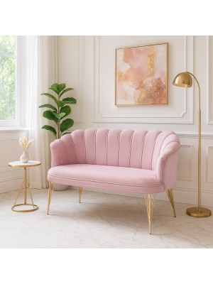 Vista ambientata Divano 2 posti in Velluto imbottito colore Rosa con gambe in metallo modello Petalo Totò Piccinni