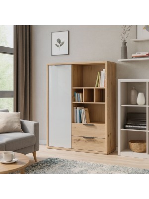 Vista ambientata Libreria da parete in legno colore "Rovere Artisan/Grigio Laccato" con 1 anta e 2 cassetti modello Aura Totò Piccinni