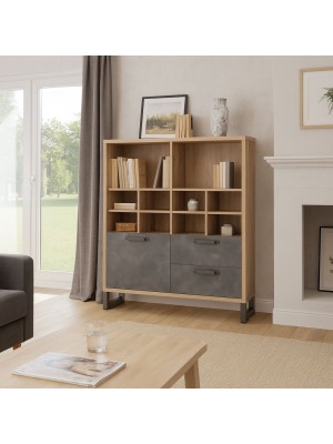 Vista ambientata Mobile libreria in legno colore "Rovere Artisan/Grigio Cemento" 1 ante e 2 cassetti modello Sylva Totò Piccinni