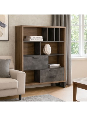 Vista ambientata Mobile libreria in legno colore "Rovere Invecchiato/Grigio Cemento" con 2 cassetti, 8 vani e 1 ribalta modello Sylva Totò Piccinni