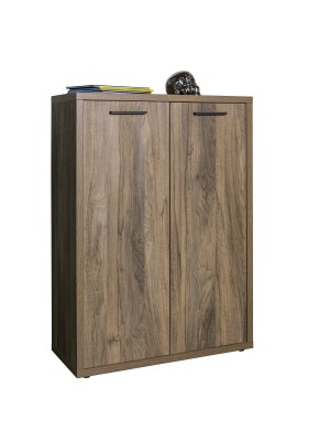 Vista diagonale Mobile contenitore in legno colore Noce Brera con 2 ante e 2 ripiani modello Bali Totò Piccinni