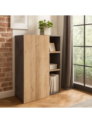 Vista ambientata libreria in legno colore "Rovere/Cemento" 1 anta e 2 ripiani modello Sydney Totò Piccinni