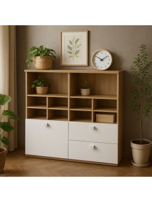 Vista ambientata Libreria moderna in legno colore "Rovere Miele/Bianco Laccato" 1 anta e 2 cassetti modello Orbita Totò Piccinni
