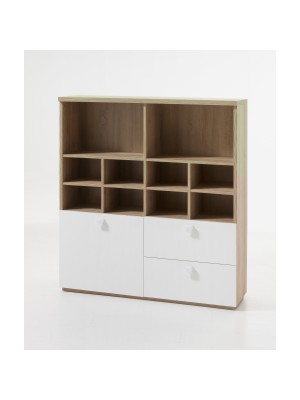 libreria moderna rovere miele/bianco laccato vista diagonale 