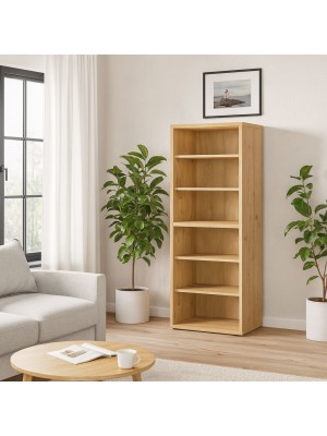 Vista ambientata Libreria a giorno in legno colore Rovere Miele con 6 vani modello Alba Totò Piccinni