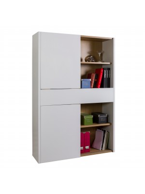 Vista diagonale Libreria in legno colore "Bianco Laccato/Rovere Artisan" 2 ante scorrevoli e 1 cassetto modello Apex Totò Piccinni