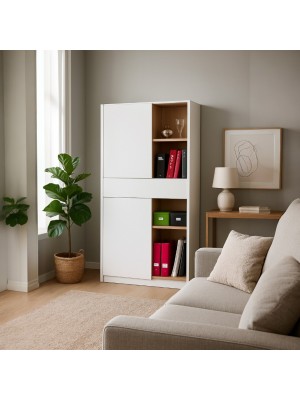 Vista diagonale con cassetto aperto Libreria in legno colore "Bianco Laccato/Rovere Artisan" 2 ante scorrevoli e 1 cassetto modello Apex Totò Piccinni