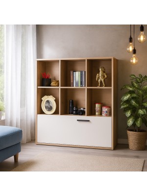 Vista ambientata Libreria in legno colore rovere artisan/cashmere con 1 cassettone e 6 vani modello Nadir Totò Piccinni
