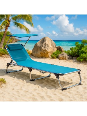 Vista ambientata Lettino pieghevole in Alluminio colore Petrolio con Borsa zaino, tettuccio e cuscino modello Kamp Totò Piccinni