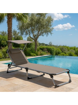 Vista ambientata Lettino pieghevole in Alluminio colore Grigio con Borsa zaino, tettuccio e cuscino modello Kamp Totò Piccinni