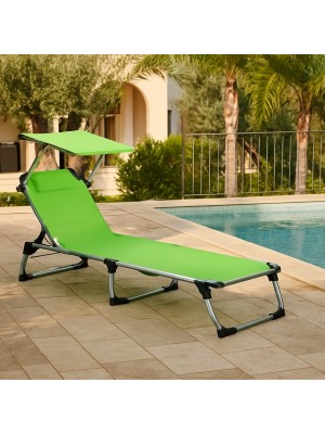 Vista ambientata Lettino pieghevole in Alluminio colore Verde con Borsa zaino, tettuccio e cuscino modello Kamp Totò Piccinni