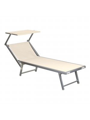 vista obliqua lettino prendisole in alluminio con tettuccio regolabile Salento colore beige Totò Piccinni