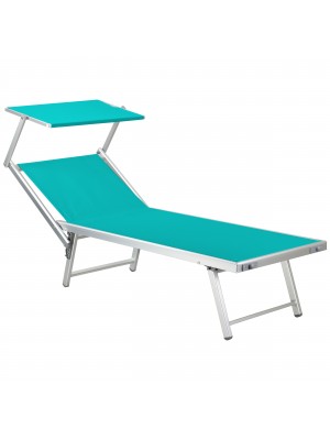 vista obliqua di un lettino prendisole in alluminio con tettuccio e schienale regolabile modello Salento Totò Piccinni colore Blu Tiffany