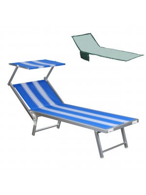 Lettino prendisole da mare spiaggia piscina in alluminio con tettuccio regolabile e telo asciugamano in regalo salento righe bianco e blu Totò Piccinni