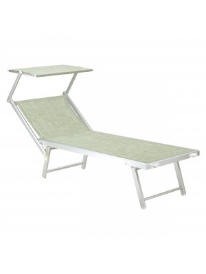 vista obliqua di un lettino prendi sole in alluminio con tettuccio e schienale reclinabile. Modello Salento Totò Piccinni. Colore verde melange