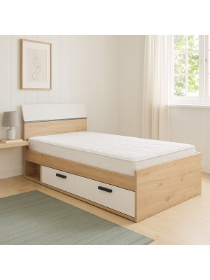 Vista ambientata Letto in legno piazza e mezza colore rovere artisan/cashmere lucido 2 cassetti modello Nadir Totò Piccinni