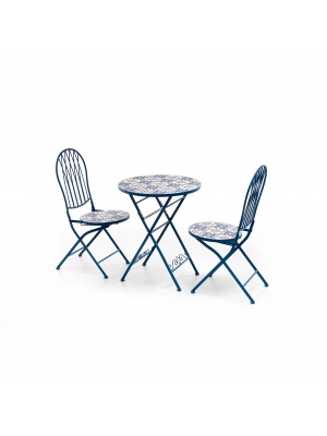 Set pieghevole con 2 sedie e tavolino con maioliche colore Blu modello Capri Totò Piccinni