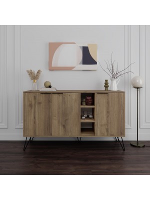 Vista frontale ambientata Madia moderna in legno colore "Rovere Antico" con 3 ante e 3 vani porta oggetti modello Iris Totò Piccinni
