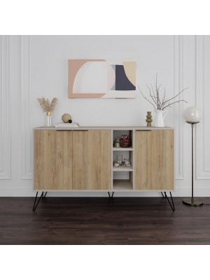 Vista frontale ambientata Madia moderna in legno colore "Cashmere/Naturale" con 3 ante e 3 vani porta oggetti modello Iris Totò Piccinni