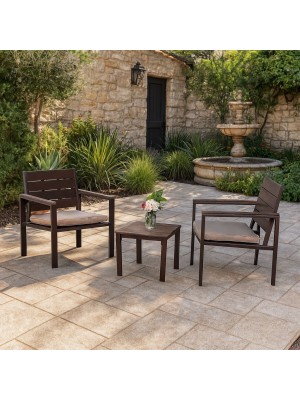 Vista ambientata Set da giardino in metallo colore Marrone 2 poltrone e tavolino modello Haiti Totò Piccinni