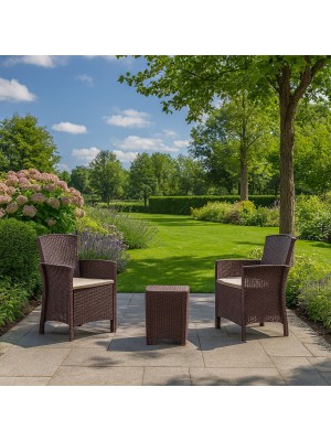 Vista ambientata Set bistrot da giardino da esterno colore Marrone 2 poltrone e tavolino modello Lido Terrace Totò Piccinni