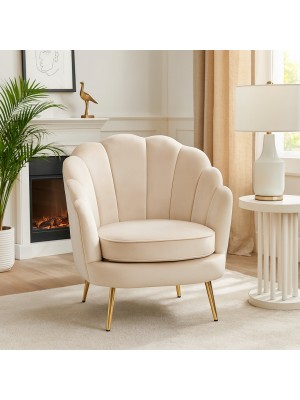 Vista ambientata Poltroncina imbottita in Velluto colore Crema design moderno con gambe in ferro modello Masca Totò Piccinni