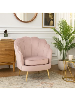 Vista ambientata Poltroncina imbottita in Velluto colore Rosa design moderno con gambe in ferro modello Masca Totò Piccinni