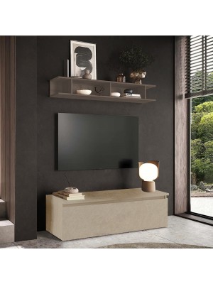 Vista ambientata Mobile porta tv von mensola in legno 138x40x170h colore "argilla - bronzo" modello Modula Totò Piccinni