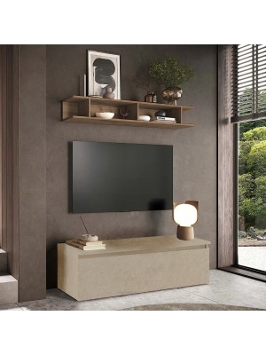 Vista ambientata Mobile porta tv con mensola in legno 138x40x170h colore "argilla e rovere mercure" modello Modula Totò Piccinni