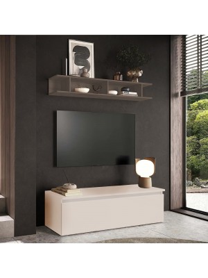 Vista ambientata Mobile porta tv con mensola in legno 138x40x170h colore "cashmere - bronzo" modello Modula Totò Piccinni