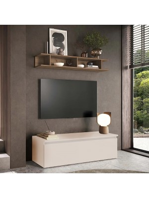 Vista ambientata Mobile porta tv con mensola in legno 138x40x170h colore "cashmere - rovere mercure" modello Modula Totò Piccinni