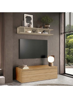 Vista ambientata Mobile porta tv con mensola in legno 138x40x170h colore "rovere cadiz - argilla" modello Modula Totò Piccinni
