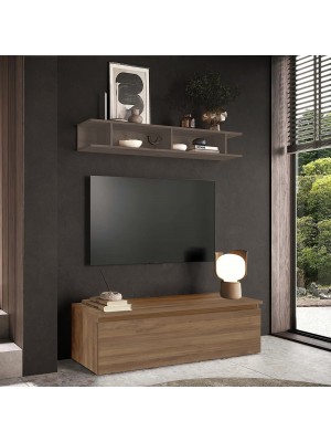 Vista ambientata Mobile porta tv con mensola in legno 138x40x170h colore "rovere mercure - bronzo" modello Modula Totò Piccinni