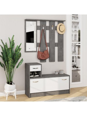 Vista ambientata Mobile Ingresso in legno colore cemento/bianco con 3 ganci 1 cassetto, 1 anta e 1 specchio modello Entry Totò Piccinni