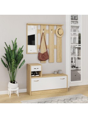 Vista ambientata Mobile Ingresso in legno colore naturale/bianco con 3 ganci 1 cassetto, 1 anta e 1 specchio modello Entry Totò Piccinni