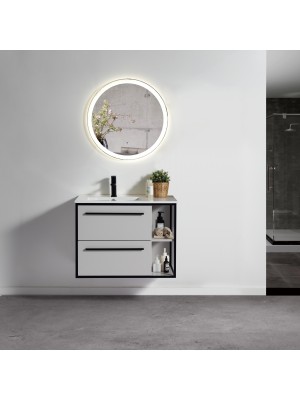 Set Mobile Bagno sospeso con due cassetti con lavabo 80 cm e specchio tondo led | SOGNO 