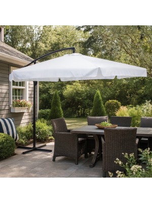 Vista ambientata Ombrellone completo a braccio in metallo e poliestere colore Bianco diametro 3 metri modello Salento Totò Piccinni