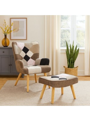 Vista ambientata Poltrona con sgabello colore Patchwork Elegant con gambe in legno modello Siesta Totò Piccinni