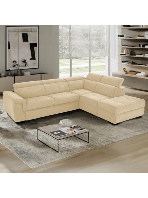 Divano letto angolare 3 posti Nabuk Light Camel con Penisola a Destra e pouf contenitore modello Patty Totò Piccinni