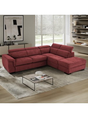 Divano letto angolare 3 posti Tessuto Bordeaux con Penisola a Destra e pouf contenitore modello Patty Totò Piccinni