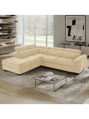 Divano letto angolare 3 posti Nabuk Light Camel con Penisola a Sinistra e pouf contenitore modello Patty Totò Piccinni