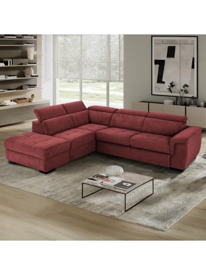 Divano letto angolare 3 posti Tessuto Bordeaux con Penisola a Sinistra e pouf contenitore modello Patty Totò Piccinni