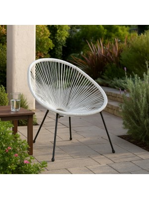 Vista ambientata Sedia relax colore Bianco con seduta in corde intrecciate e struttura in metallo modello Pavone Totò Piccinni